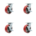 Service Caster 6 Inch Red Poly on Cast Iron Swivel Caster Set with Roller Bearings and Brakes SCC-30CS620-PUR-RS-TLB-4